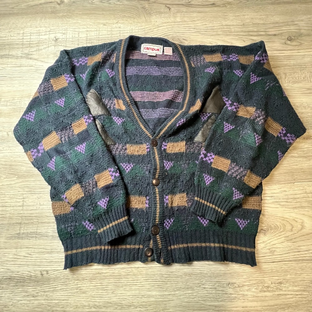 Campus Cardigan Mens XL Navy Green Geometric Vintage Leather Trim Knit Sweater